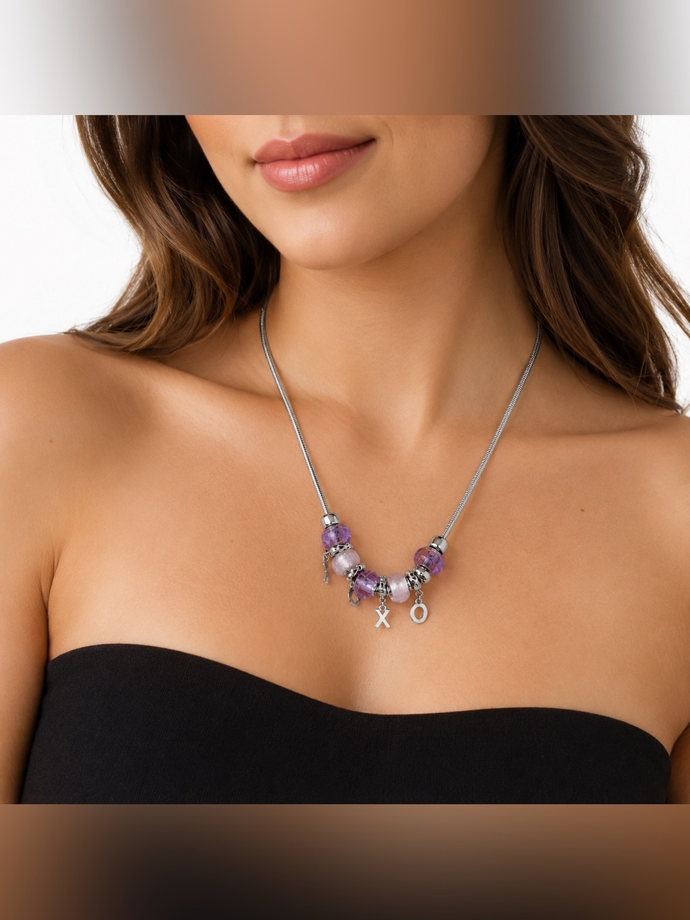 Napier Purple Glass Bead XO Charm Necklace Silver Tone